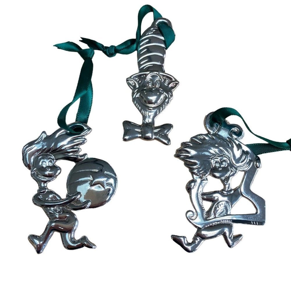 Dr. Seuss Cat In The Hat Christmas Ornaments Silver Plated 2004 Lot of 3
